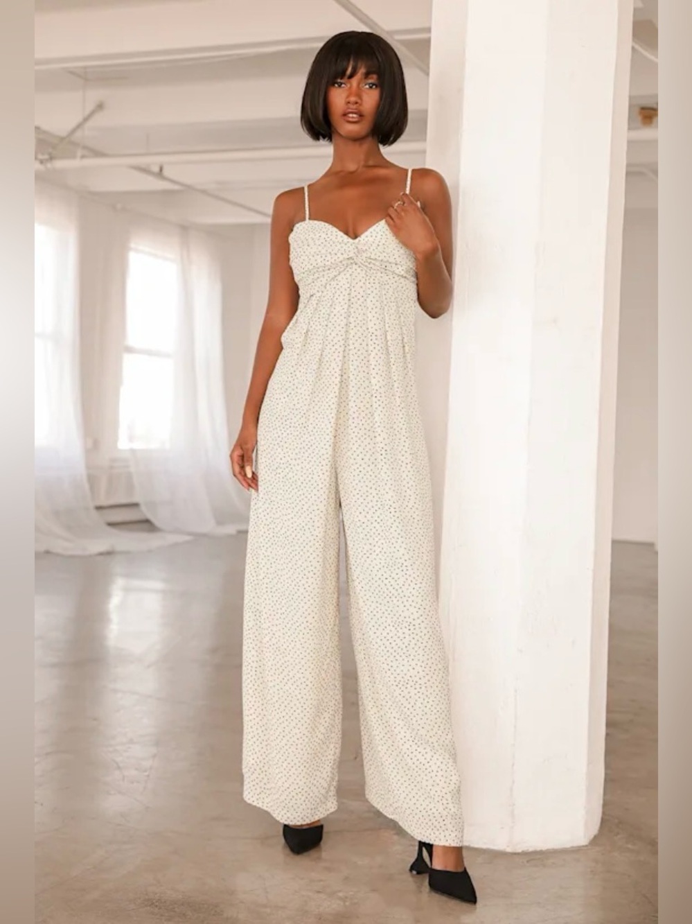 Lulu’s Crushin' On You Cream Polka Dot Pleated Twist-Front Jumpsuit